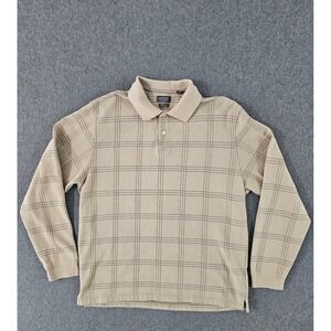 Arrow Mens Long Sleeve Polo Shirt Tan Plaid Classic Fit Large Windowpane Knit